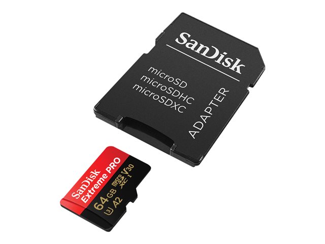 SanDisk Extreme Pro - Flash memory card (microSDXC to SD adapter included) - 64 GB - A2 / Video Class V30 / UHS-I U3 / Class10 - microSDXC UHS-I