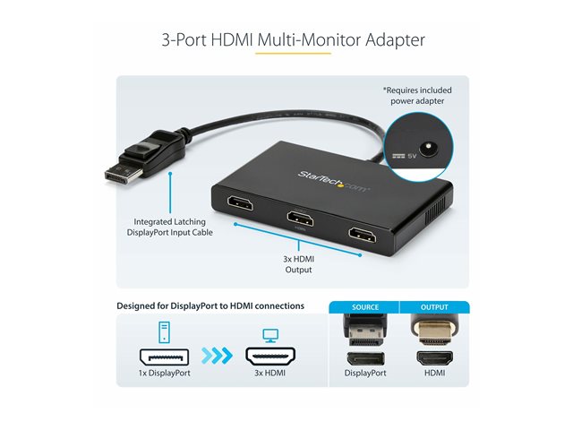 StarTech.com 3-Port Multi Monitor Adapter, DisplayPort 1.2 to HDMI MST Hub, Triple 1080p HDMI Monitor, Video Splitter for Extended Desktop Mode on Windows PCs Only, DP to 3x HDMI MST Hub - Multi Stream Transport (MSTDP123HD) - Video/audio splitter - 3 x HDMI - desktop - AC 100/240 V
