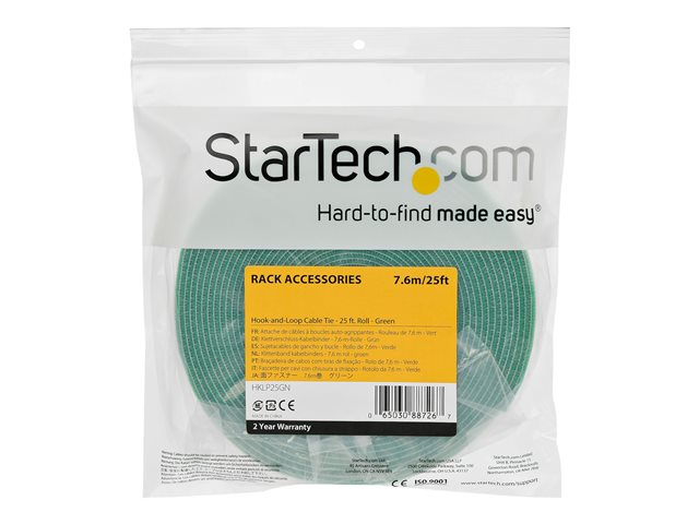 StarTech.com 25ft Hook and Loop Roll, Cut-to-Size Reusable Cable Ties, Bulk Industrial Wire Fastener Tape / Adjustable Fabric Wraps Green / Resuable Self Gripping Cable Management Straps - Adjustable Loop Ties (HKLP25GN) - Hook & loop fastener - 7.62 m - green - for P/N: CABSHF2POST2, HKLP25, HKLP25BL, HKLP25RD, HKLP25YW