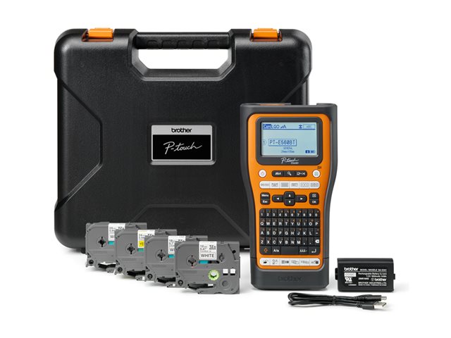 Brother P-Touch PT-E560BTSP - Labelmaker - B/W - thermal transfer - Roll (2.4 cm) - 180 dpi - up to 30 mm/sec - USB 3.0, Bluetooth 5.0 - cutter - Full & Half Cut Function, mirror print - black and orange