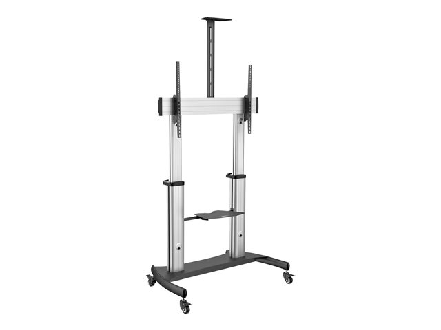 StarTech.com Mobile TV Stand, Heavy Duty TV Cart for 60-100\" Display (100kg/220lb), Height Adjustable Rolling Flat Screen Floor Standing on Wheels, Universal Television Mount w/Shelves - W/ 2 equipment shelves - Cart - for flat panel - aluminium, steel - black, silver - screen size: 60\"-100\"