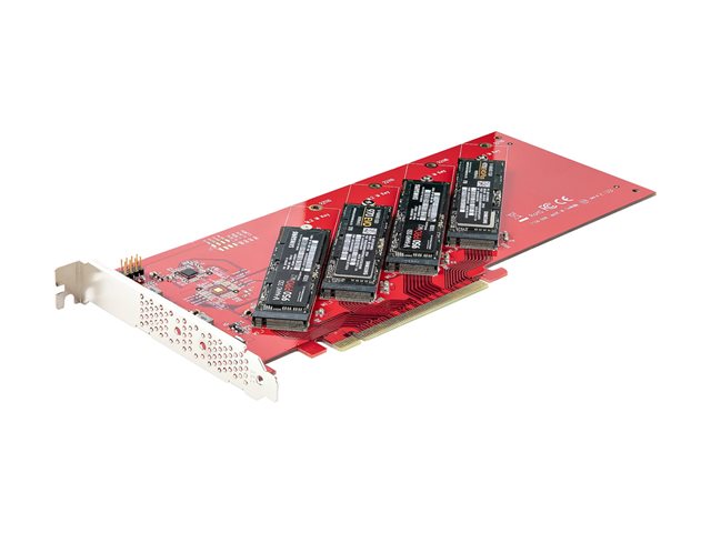 StarTech.com Quad M.2 PCIe Adapter Card, x16 Quad NVMe or AHCI M.2 SSD to PCI Express 4.0, Up to 7.8GBps/Drive, For 2242/2260/2280/22110mm PCIe M-Key M2 SSDs, Bifurcation Required - PC/Linux Compatible (QUAD-M2-PCIE-CARD-B) - Interface adapter - M.2 - Expansion Slot to 4 x M.2 - M.2 Card - low profile - RAID RAID 0, 1, JBOD - PCIe 4.0 x16/x8 - red