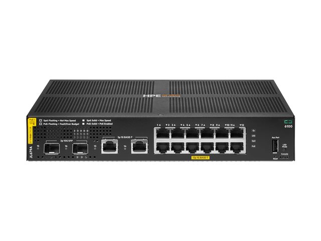 HPE Aruba 6100 12G Class4 PoE 2G/2SFP+ 139W Switch - Switch - Managed - 12 x 10/100/1000 (PoE+) + 2 x 1 Gigabit / 10 Gigabit SFP+ + 2 x 1000Base-T - rack-mountable - PoE+ (139 W)