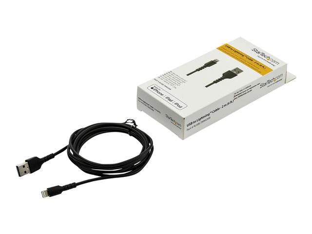 StarTech.com 6 ft(2m) Durable Black USB-A to Lightning Cable, Heavy Duty Rugged Aramid Fiber USB Type A to Lightning Charger/Sync Power Cord, Apple MFi Certified iPad/iPhone 12 Pro Max - iPhone 7/8/11/11 Pro - Lightning cable - USB male straight to Lightning male straight - 2 m - double shielded - black