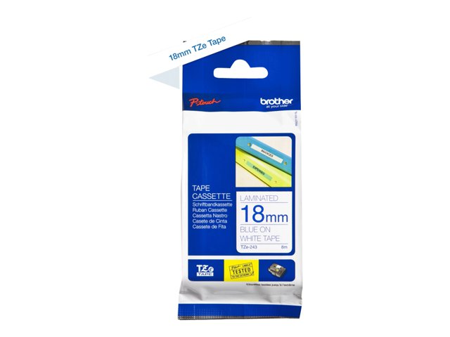 Brother TZe-243 - Standard adhesive - blue on white - Roll (1.8 cm x 8 m) 1 cassette(s) laminated tape - for Brother PT-D600, P-Touch PT-1880, D450, E550, E800, P900, P950, P-Touch Cube Plus PT-P710