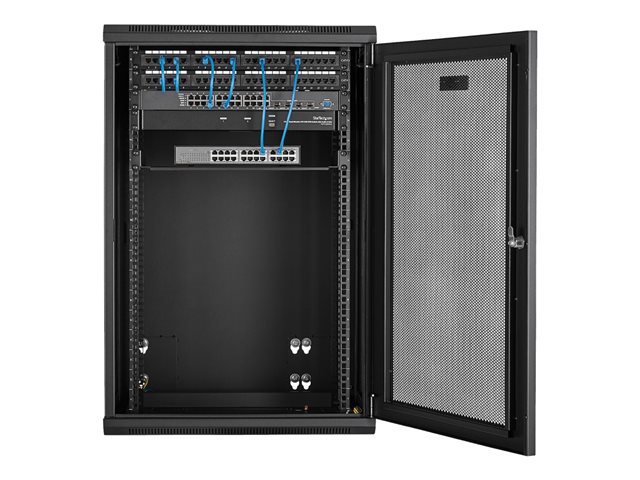 StarTech.com 18U 19\" Wall Mount Network Cabinet, 16\" Deep Hinged Locking IT Network Switch Depth Enclosure, Assembled Vented Computer Equipment Data Rack with Shelf & Flexible Side Panels - 18U Vented Cabinet (RK1820WALHM) - Rack enclosure cabinet - wall mountable - black - 18U