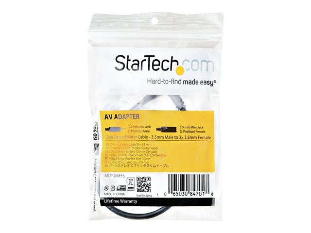 StarTech.com 3.5mm Audio Extension Cable - Slim Audio Splitter Y Cable and Headphone Extender - Male to 2x Female AUX Cable (MUY1MFFS) - Audio splitter - mini-phone stereo 3.5 mm male to mini-phone stereo 3.5 mm female - 20 cm - black - for P/N: MU15MMS, MU6MMS