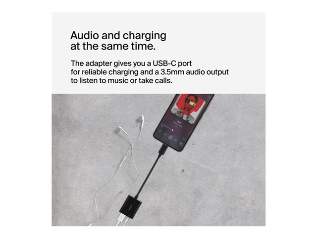 Belkin RockStar - USB-C to headphone jack / charging adapter - USB-C male to mini jack, USB-C female - 19.6 cm - USB Power Delivery (60W)