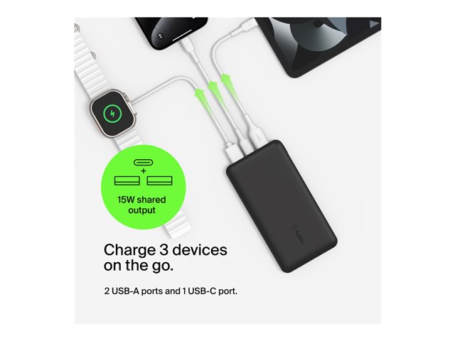 Belkin BoostCharge - Power bank - 20000 mAh - 15 Watt - 3 A - 3 output connectors (24 pin USB-C, 2 x USB) - on cable: USB-C - black