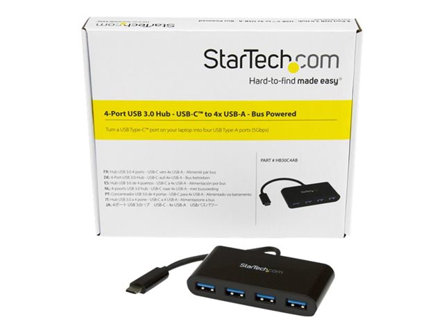 StarTech.com 4-Port USB-C Hub - Portable USB-C to 4x USB-A Hub - Bus-Powered USB 3.1 Gen 1 Type-C Hub - USB 3.0 Port Expander (HB30C4AB) - Hub - 4 x SuperSpeed USB 3.0 - desktop