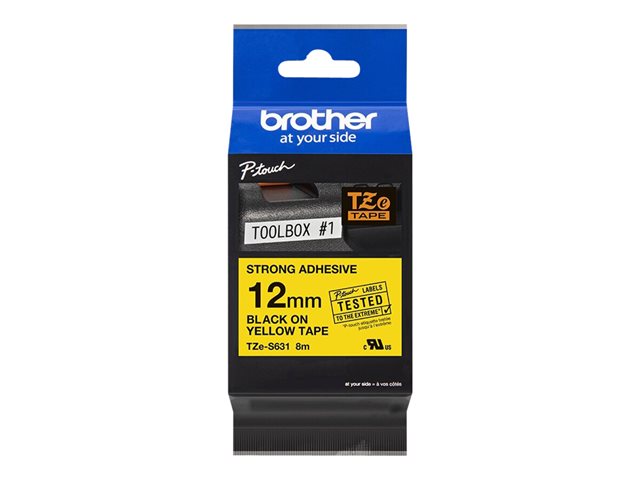 Brother TZe-S631 - Extra strong self-adhesive - black on yellow - Roll (1.2 cm x 8 m) 1 cassette(s) laminated tape - for P-Touch PT-E310, E550, P900, P-Touch Cube Plus PT-P710, P-Touch Cube Pro PT-P910