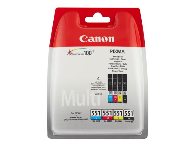 Canon CLI-551 C/M/Y/BK Multipack - 4-pack - black, yellow, cyan, magenta - original - ink tank - for PIXMA iP8750, iX6850, MG5550, MG5650, MG5655, MG6450, MG6650, MG7150, MG7550, MX725, MX925