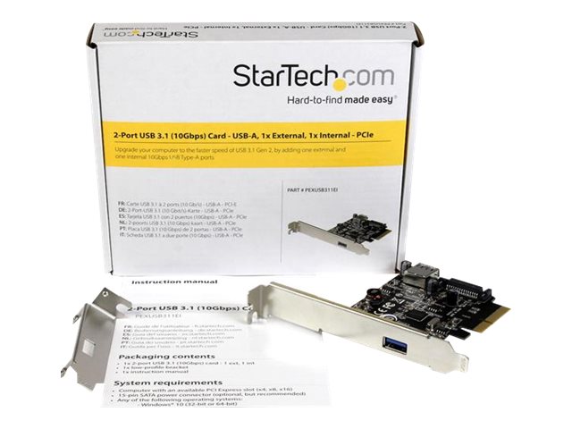 StarTech.com 2 Port USB 3.1 (10Gbps) Card - USB-A 1x External 1x Internal - PCIe USB 3.1 Card with Type-A - PCI Express (PEXUSB311EI) - USB adapter - PCIe x4 low profile - USB 3.1 x 2 - for P/N: USB312SAT3, USB31C2SAT3