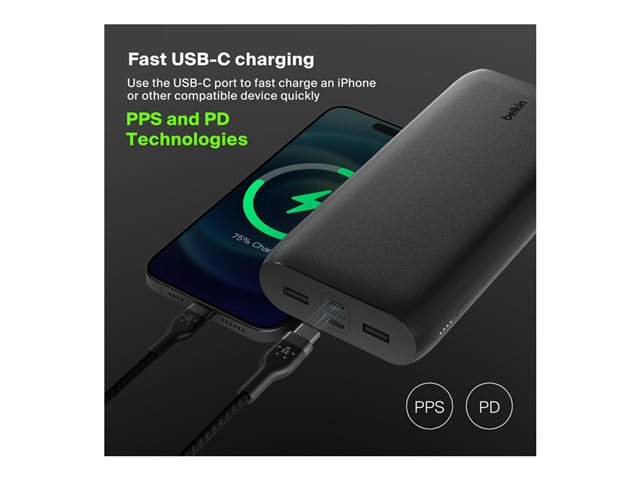 Belkin BoostCharge - Power bank - 26000 mAh - 32 Watt - PD, Fast Charge - 4 output connectors (24 pin USB-C, USB) - on cable: USB-C