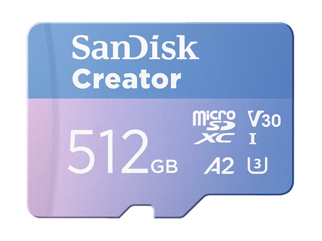 SanDisk Creator - Flash memory card (microSDXC to SD adapter included) - 512 GB - A2 / Video Class V30 / UHS-I U3 - microSDXC UHS-I