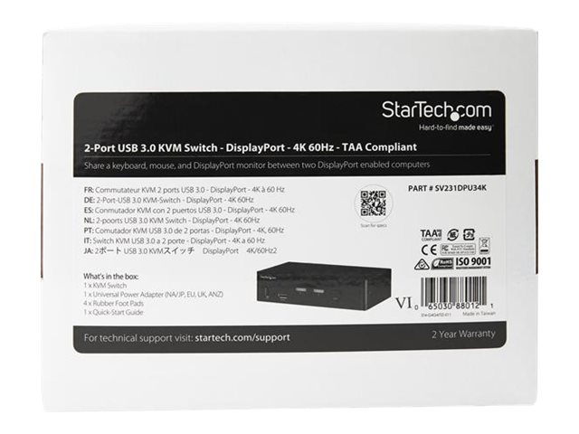 StarTech.com 2 Port DisplayPort KVM Switch, 4K 60Hz, Single Display, Dual Port UHD DP 1.2 USB KVM Switch with Integrated USB 3.0 Hub and Audio, Dell, HP, Apple, Lenovo, TAA Compliant - Keyboard/Video/Mouse Switch (SV231DPU34K) - KVM / audio / USB switch - 2 x KVM / audio / USB - desktop - TAA Compliant