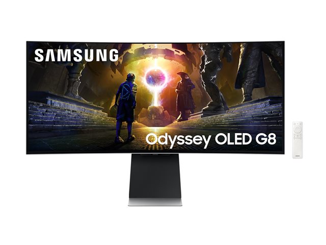 Samsung Odyssey OLED G8 S34DG850SU - G85SD Series - OLED monitor - Smart - gaming - curved - 34\" - 3440 x 1440 UWQHD @ 175 Hz - 250 cd/m² - 1000000:1 - HDR10+ Gaming, HDR10+, HDR10 - 0.03 ms - 2xHDMI, DisplayPort - speakers - silver