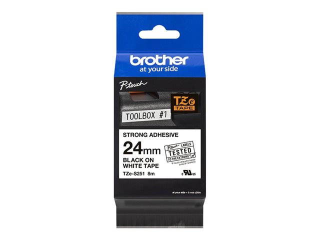Brother TZe-S251 - Extra strength adhesive - black on white - Roll (2.4 cm x 8 m) 1 cassette(s) laminated tape - for P-Touch PT-3600, D600, D800, P900, P950, P-Touch Cube PT-P910, P-Touch Cube Plus PT-P710