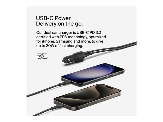 Belkin BoostCharge - Car power adapter - 42 Watt - PD 3.0, Fast Charge - 2 output connectors (USB, 24 pin USB-C)