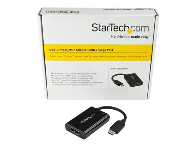 StarTech.com USB C to HDMI 2.0 Adapter with Power Delivery, 4K 60Hz USB Type-C to HDMI Display/Monitor Video Converter, 60W PD Pass-Through Charging Port, Thunderbolt 3 Compatible, Black - USB-C Display Adapter (CDP2HDUCP) - Adapter - 24 pin USB-C male to HDMI, USB-C (power only) female - black - USB Power Delivery (60W), 4K60Hz (4096 x 2160) support