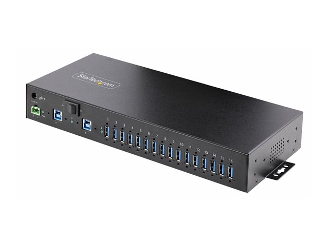 StarTech.com 16-Port Industrial USB 5Gbps Hub with Power Adapter, Metal Enclosure, Mountable, ESD Protection, Terminal Block Power, USB Charging, Dual-Host Switch - TAA - Hub - 16 x USB 3.2 Gen 1 - desktop, rack-mountable, wall-mountable, DIN rail mountable - TAA Compliant