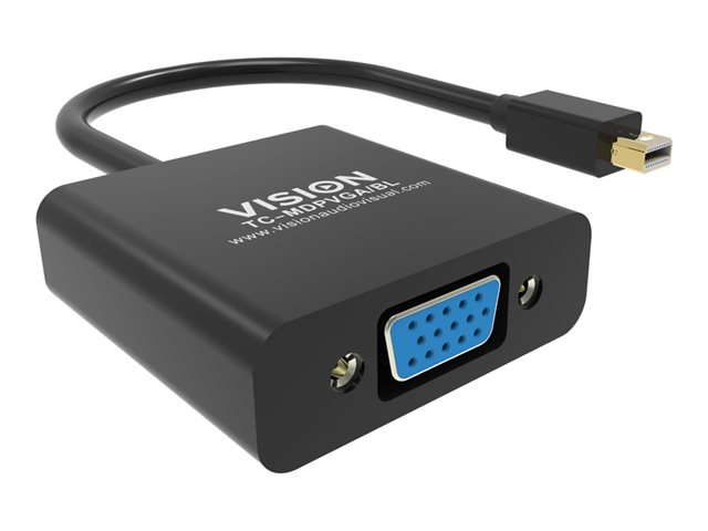 VISION Professional installation-grade Mini DisplayPort to VGA adaptor - LIFETIME WARRANTY - maximum resolution 1920 x 1080 - does not convert VGA to DP - hotplug - mDP (M) to VGA (F) - outer diameter 5.5 mm - 32 AWG - overall length 220 mm - black