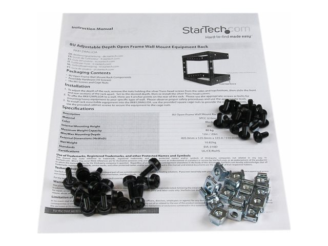 StarTech.com 8U 19\" Wall Mount Network Rack - 12\" Deep 2 Post Open Frame Server Room Rack for Data/AV/IT/Computer Equipment/Patch Panel with Cage Nuts & Screws 135lb Capacity, Black (RK812WALLO) - Rack - black - 8U - 19\" - for P/N: CABCAGENUTS6, CABSCREWM52, CABSCREWSM6, CABSCRWM520, CABSCRWM620, CABSCRWS1224