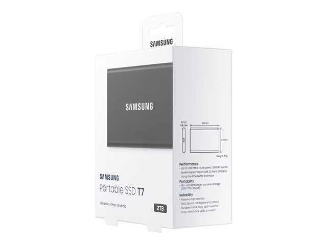 Samsung T7 MU-PC2T0T - SSD - encrypted - 2 TB - external (portable) - USB 3.2 Gen 2 (USB-C connector) - 256-bit AES - titan grey