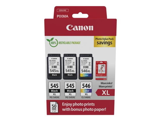 Canon PG-545 XL/CL-546XL Photo Value Pack - 3-pack - black, colour (cyan, magenta, yellow) - original - ink cartridge / paper kit