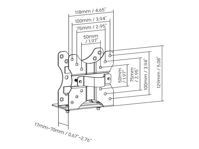 Mini PC thin client mount - fixes a mini PC to the underside of a desk or a monitor desk arm between the vesa bracket and the display - 75 x 75 or 100 x 100 - double-Articulated - accommodates devices from 17 to 70 mm thick - swl 5 kg - matt black