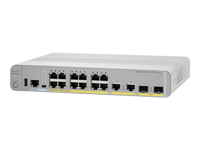 Cisco Catalyst 3560CX-12PD-S - Switch - Managed - 12 x 10/100/1000 (PoE+) + 2 x combo SFP+ - desktop, rack-mountable, DIN rail mountable, wall-mountable - PoE+ (240 W) - refurbished