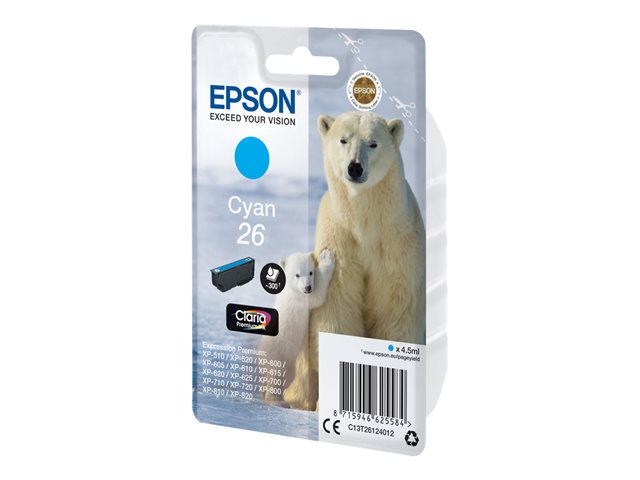 Epson 26 - 4.5 ml - cyan - original - blister - ink cartridge - for Expression Premium XP-510, 520, 600, 605, 610, 615, 620, 625, 700, 710, 720, 800, 810, 820