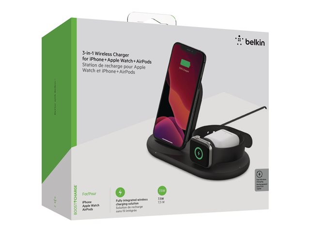 Belkin BoostCharge - Wireless charging stand - 7.5 Watt - black - for Apple AirPods, AirPods Pro, iPhone 11, 12, 7, 8, SE, X, XR, XS, XS Max, Watch