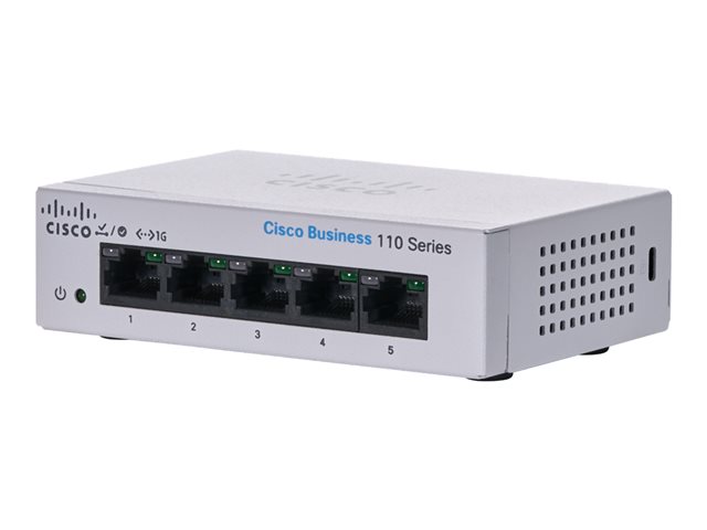 Cisco Business 110 Series 110-5T-D - Switch - unmanaged - 5 x 10/100/1000 - rack-mountable, desktop, wall-mountable - DC power