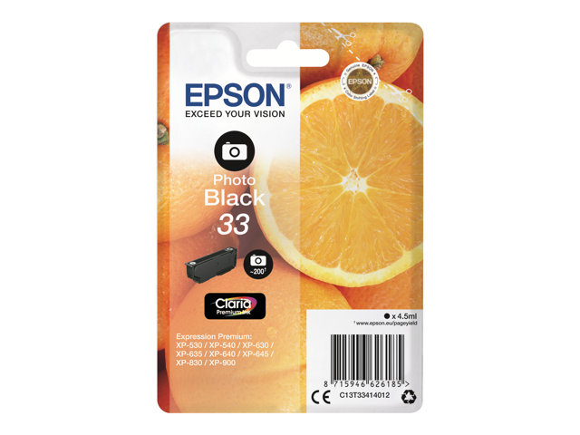 Epson 33 - 4.5 ml - photo black - original - blister with RF/acoustic alarm - ink cartridge - for Expression Home XP-635, 830, Expression Premium XP-530, 540, 630, 635, 640, 645, 830, 900
