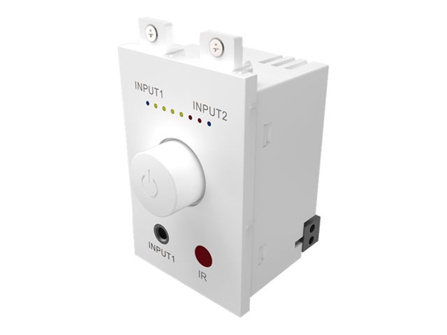 VISION Techconnect Faceplate Audio Amplifier - LIFETIME WARRANTY - 2 x 25w (RMS @ 8 Ohms) - Two inputs (input 1 duplicated on front) - Remote control - comes on at preset level or resume previous volume - UK surround and backbox included - can drive two pairs of speakers
