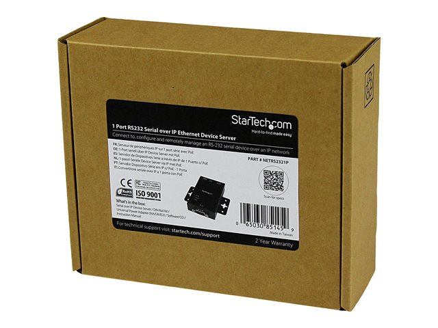 StarTech.com 1 Port RS232 to Ethernet IP Converter / Device Server - Aluminum - Serial over IP Device Server - Serial to IP Converter (NETRS2321P) - Device server - 100Mb LAN, RS-232 - AC 100/230 V - rail mountable - for P/N: SVA12M2NEUA, SVA12M5NA