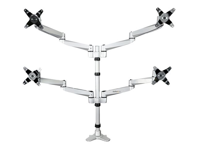 StarTech.com Desk Mount Quad Monitor Arm, Premium Articulating VESA 4 Monitor Mount 2x2 up to 27\", Ergonomic Height Adjustable Pole Mount, Tilt/Swivel/Rotate, C-Clamp/Grommet, Silver - Heavy-duty VESA Mount (ARMQUADPS) - Mounting kit - adjustable arm - for 4 monitors - aluminium - silver - screen size: 13\"-27\" - desk-mountable - TAA Compliant