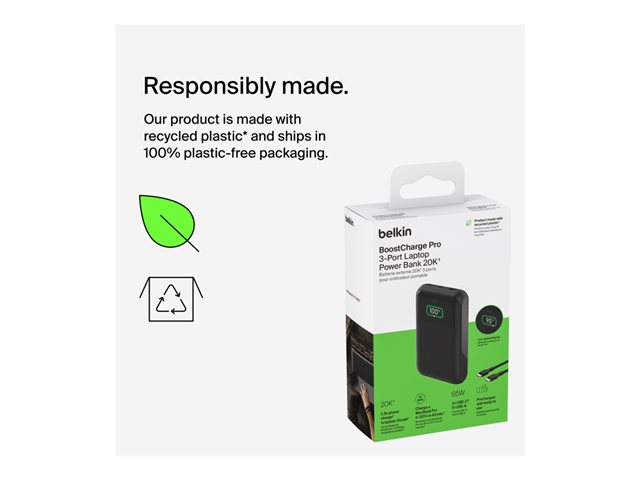 Belkin BoostCharge Pro - Power bank - 20000 mAh - 65 Watt - Fast Charge, PD - 3 output connectors (24 pin USB-C, USB)