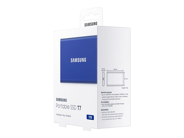 Samsung T7 MU-PC1T0H - Solid state drive - encrypted - 1 TB - external (portable) - USB 3.2 Gen 2 (USB-C connector) - 256-bit AES - indigo blue