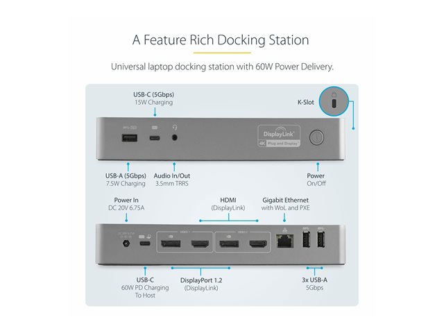 StarTech.com USB-C & USB-A Dock, Hybrid Universal Laptop Docking Station with Dual Monitor Display 4K 60Hz HDMI & DisplayPort, 60W Power Delivery, Gigabit Ethernet, Windows, Mac Chrome - 4K USB Type-C Dock (DK30C2DPPDUE) - Docking station - USB-C - 2 x HDMI, 2 x DP - 1GbE