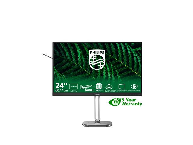 Philips 24B2G5200 - LED monitor - 24\" (23.8\" viewable) - 1920 x 1080 Full HD (1080p) @ 100 Hz - IPS - 1500:1 - HDMI, VGA, DisplayPort - speakers - charcoal