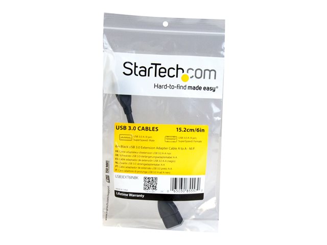 StarTech.com 6in Short USB 3.0 Extension Adapter Cable (USB-A Male to USB-A Female) - USB 3.1 Gen 1 (5Gbps) Port Saver Cable - Black (USB3EXT6INBK) - USB extension cable - USB Type A (F) to USB Type A (M) - USB 3.0 - 15.2 cm - molded - black - for P/N: 35FCREADBU3, HB30A4AIB, HB30C4AIB, HB31C4AB, SU2DUPERA11, USB3SAA3MBK