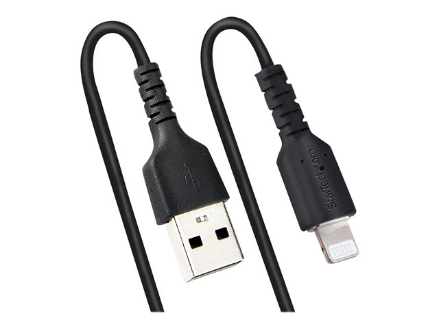 StarTech.com 50cm (20in) USB to Lightning Cable, MFi Certified, Coiled iPhone Charger Cable, Black, Durable and Flexible TPE Jacket Aramid Fiber, Heavy Duty Coil Charging Cable - Rugged USB Lightning Cable - Lightning cable - USB male to Lightning male - 50 cm - black - coiled