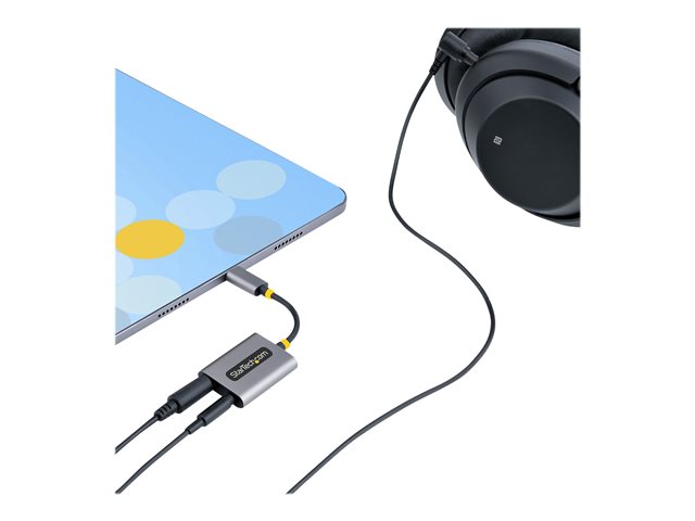 StarTech.com USB-C Headphone Splitter, USB Type C Dual Headset Adapter w/Microphone Input, USB C to 3.5mm Adapter/Earphone Dongle, USB C to Audio Jack/Aux Output - Mic and Headset Controls, Built-in 24-bit DAC (USBC-AUDIO-SPLITTER) - Audio splitter - 24 pin USB-C male straight to mini jack female straight - 7 cm - black, space grey