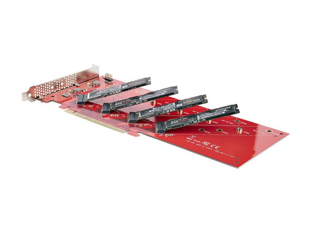 StarTech.com Quad M.2 PCIe Adapter Card, x16 Quad NVMe or AHCI M.2 SSD to PCI Express 4.0, Up to 7.8GBps/Drive, For 2242/2260/2280/22110mm PCIe M-Key M2 SSDs, Bifurcation Required - PC/Linux Compatible (QUAD-M2-PCIE-CARD-B) - Interface adapter - M.2 - Expansion Slot to 4 x M.2 - M.2 Card - low profile - RAID RAID 0, 1, JBOD - PCIe 4.0 x16/x8 - red
