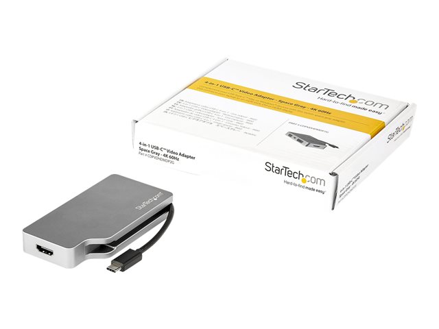 StarTech.com USB C Multiport Video Adapter with HDMI, VGA, Mini DisplayPort or DVI, USB Type C Monitor Adapter to HDMI 2.0 or mDP 1.2 (4K 60Hz), VGA or DVI (1080p), Space Gray Aluminum - 4-in-1 USB-C Converter - Adapter - 24 pin USB-C male to HD-15 (VGA), DVI-I, HDMI, Mini DisplayPort female - space grey - active converter, 1920 x 1200 (WUXGA) support 60Hz (DVI and VGA), 4K24Hz (4096 x 2160) support (HDMI), 4K60Hz (3840 x 2160) support (HDMI), 4K60Hz (4096 x 2160) support (mDP)