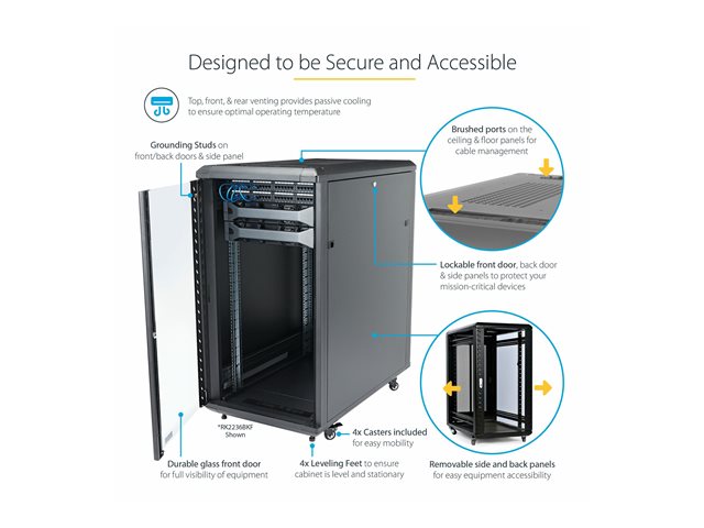 StarTech.com 18U 19\" Server Rack Cabinet, 4 Post Adjustable Depth (6-32\")Locking Knock Down Network/Computer Equipment Enclosure, Mobile with Glass Door & Casters, HP ProLiant ThinkServer - Data Rack Enclosure (RK1836BKF) - Rack cabinet - 4-post - floor-standing - black - 18U - 19\"