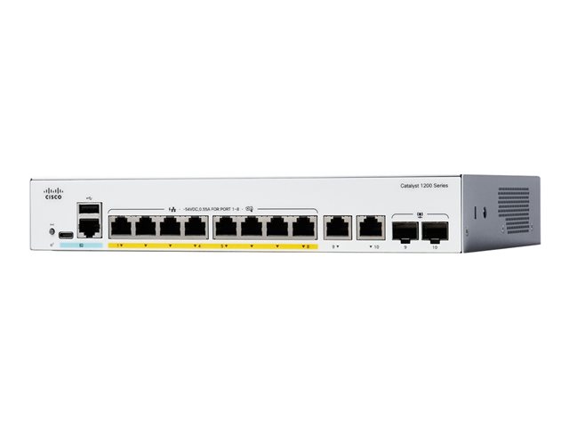 Cisco Catalyst 1200-8FP-2G - Switch - L3 - smart - 8 x 10/100/1000 (PoE+) + 2 x combo Gigabit SFP/RJ-45 - rack-mountable - PoE+ (120 W) - remanufactured