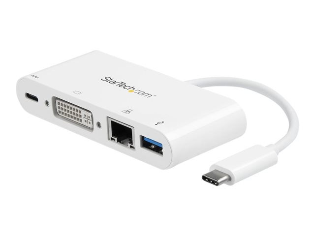 StarTech.com USB C Multiport Adapter, USB-C to DVI-D (Digital) Video Adapter with 60W Power Delivery Passthrough Charging, GbE, USB-A, Portable USB Type-C/Thunderbolt 3 Mini Laptop Dock - Dock with Ethernet (DKT30CDVPD) - External video adapter - USB-C - DVI, RJ-45 - white